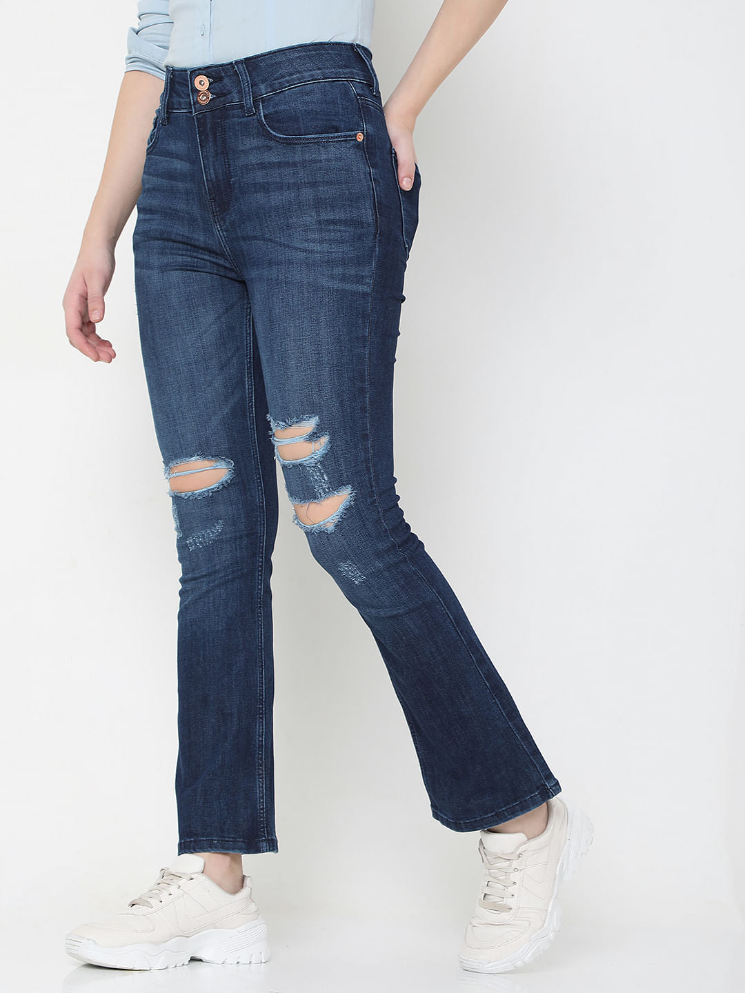 Dark Blue High Rise Distressed Petra Bootcut Jeans