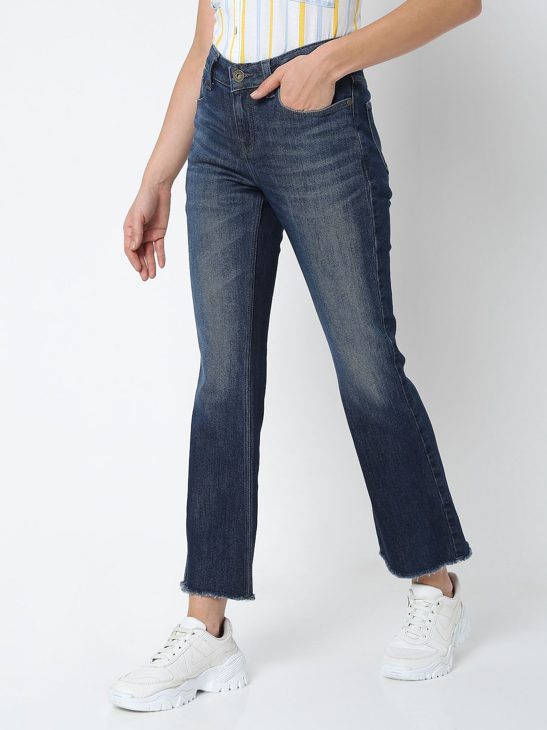 Blue Mid Rise Frayed Hem Petra Bootcut Jeans