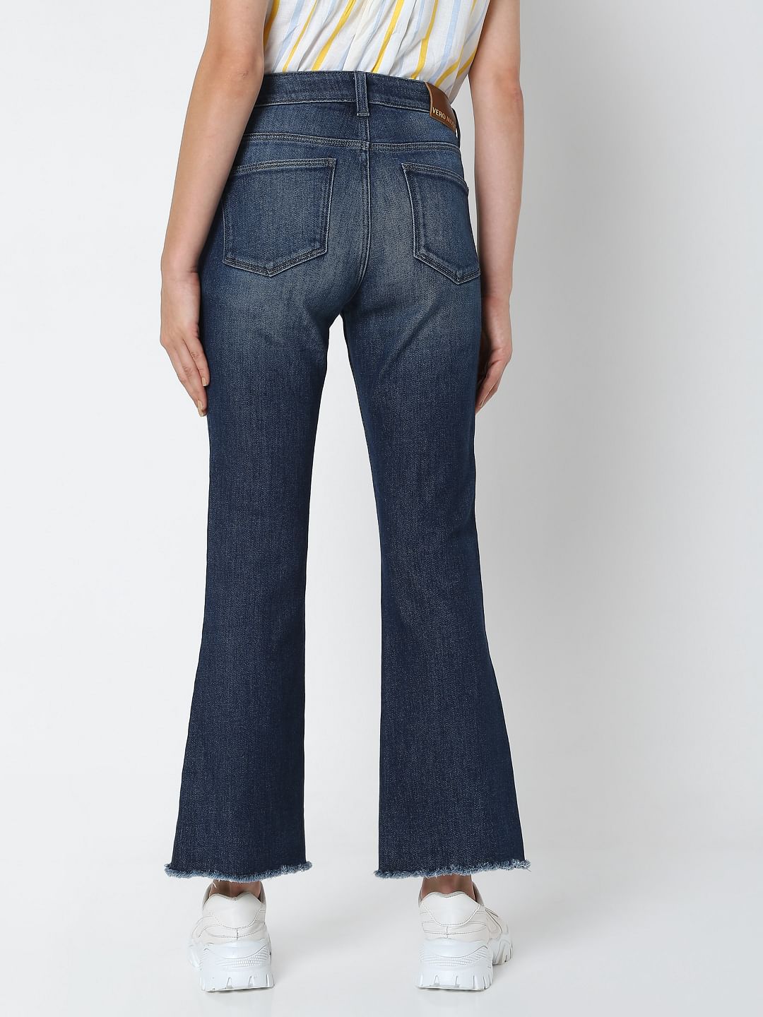 Blue Mid Rise Frayed Hem Petra Bootcut Jeans