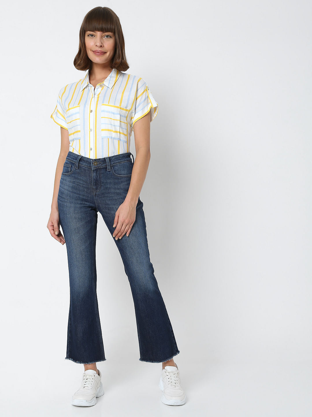 Blue Mid Rise Frayed Hem Petra Bootcut Jeans