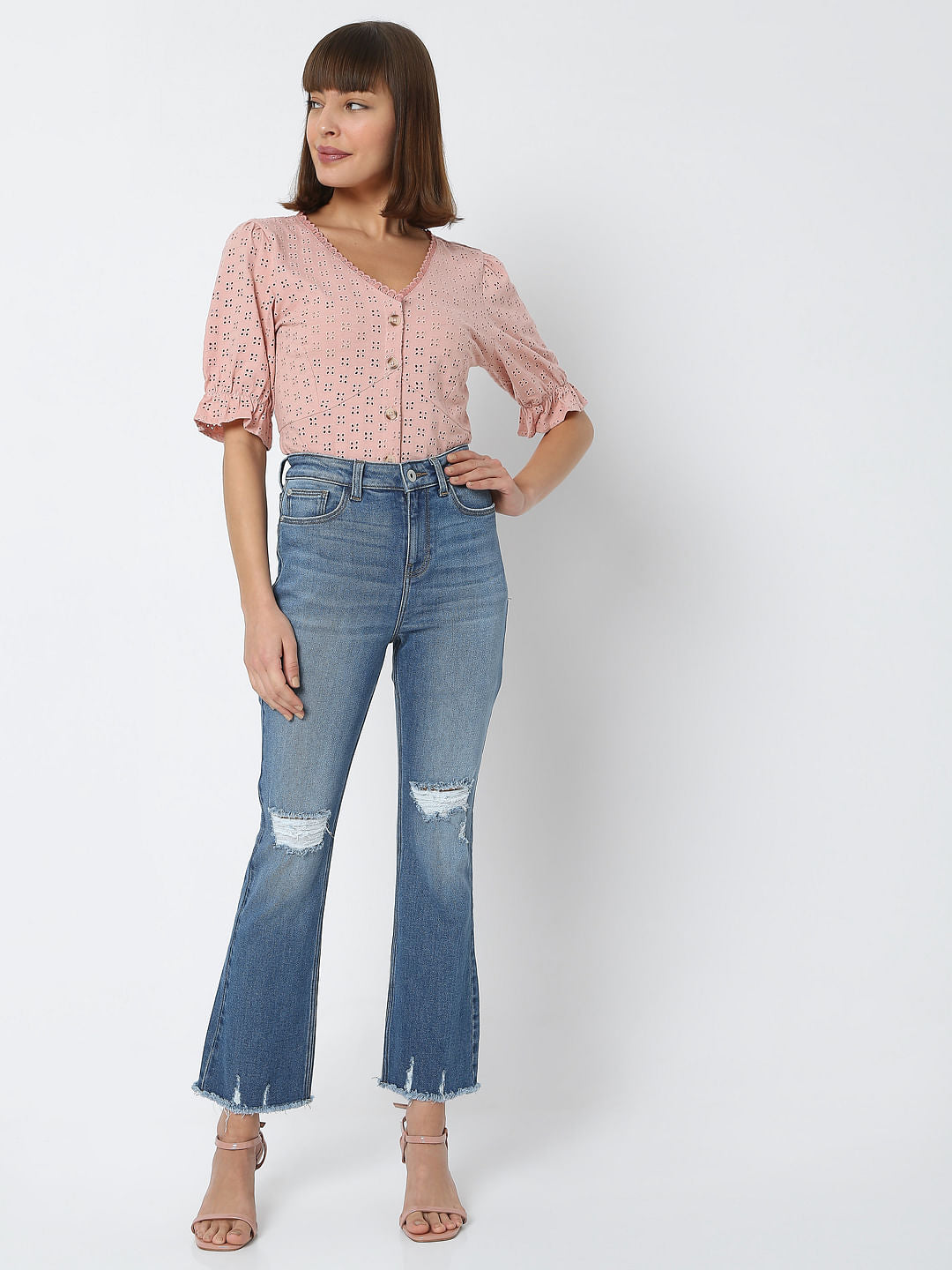 Light Blue High Rise Ripped Petra Bootcut Jeans