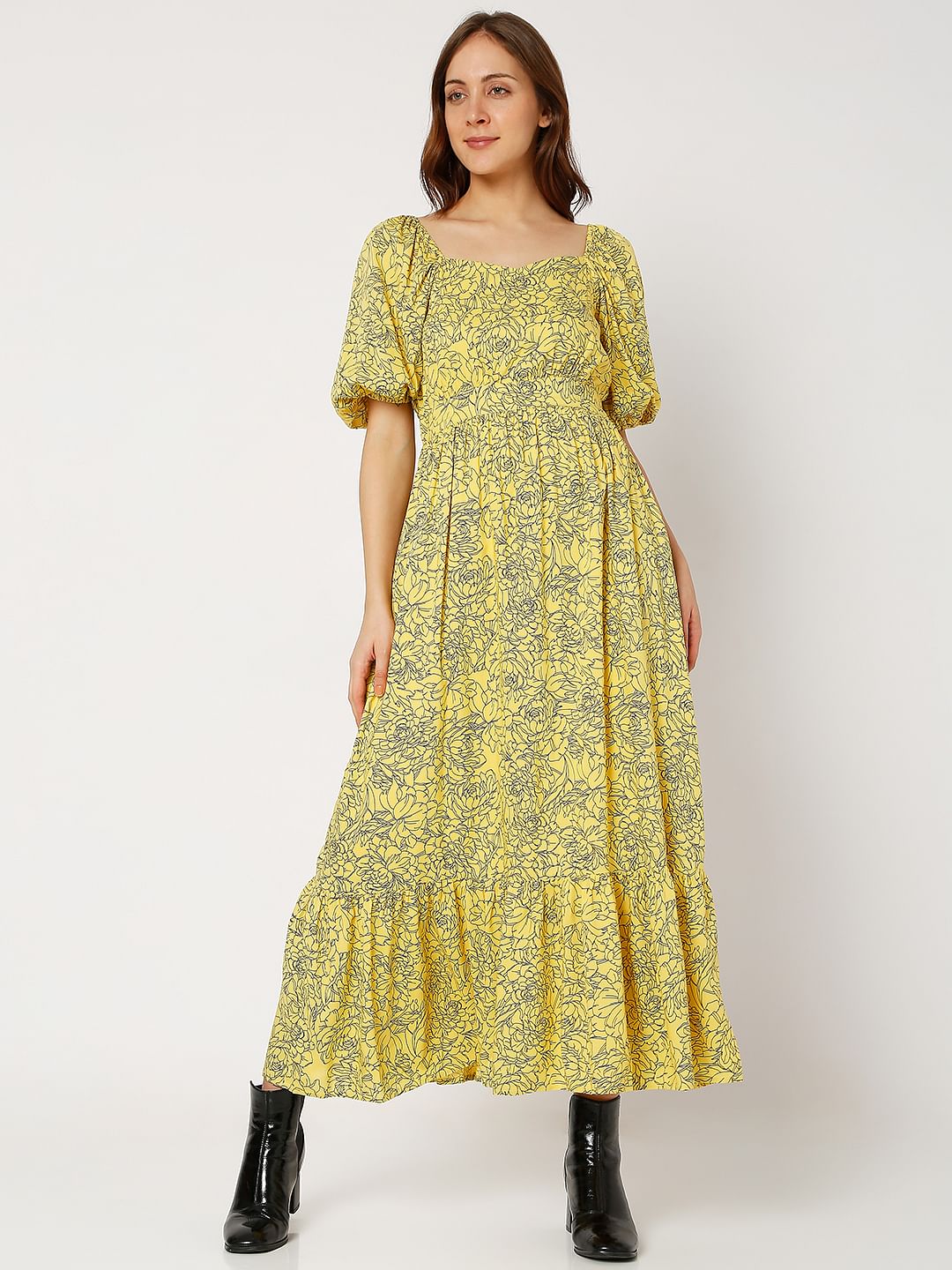 Yellow Floral Print Maxi Dress