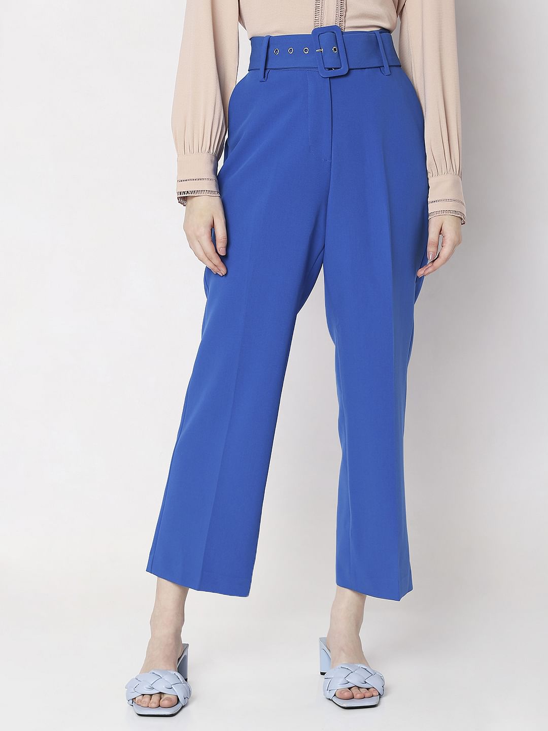 Blue High Rise Belted Pants