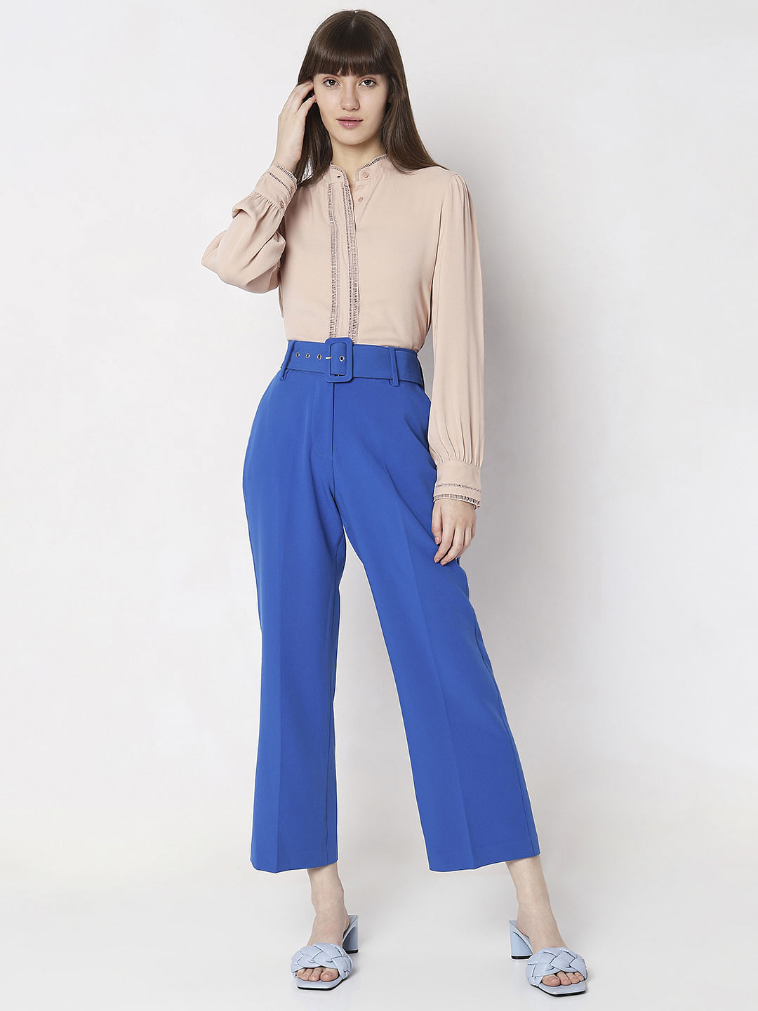Blue High Rise Belted Pants