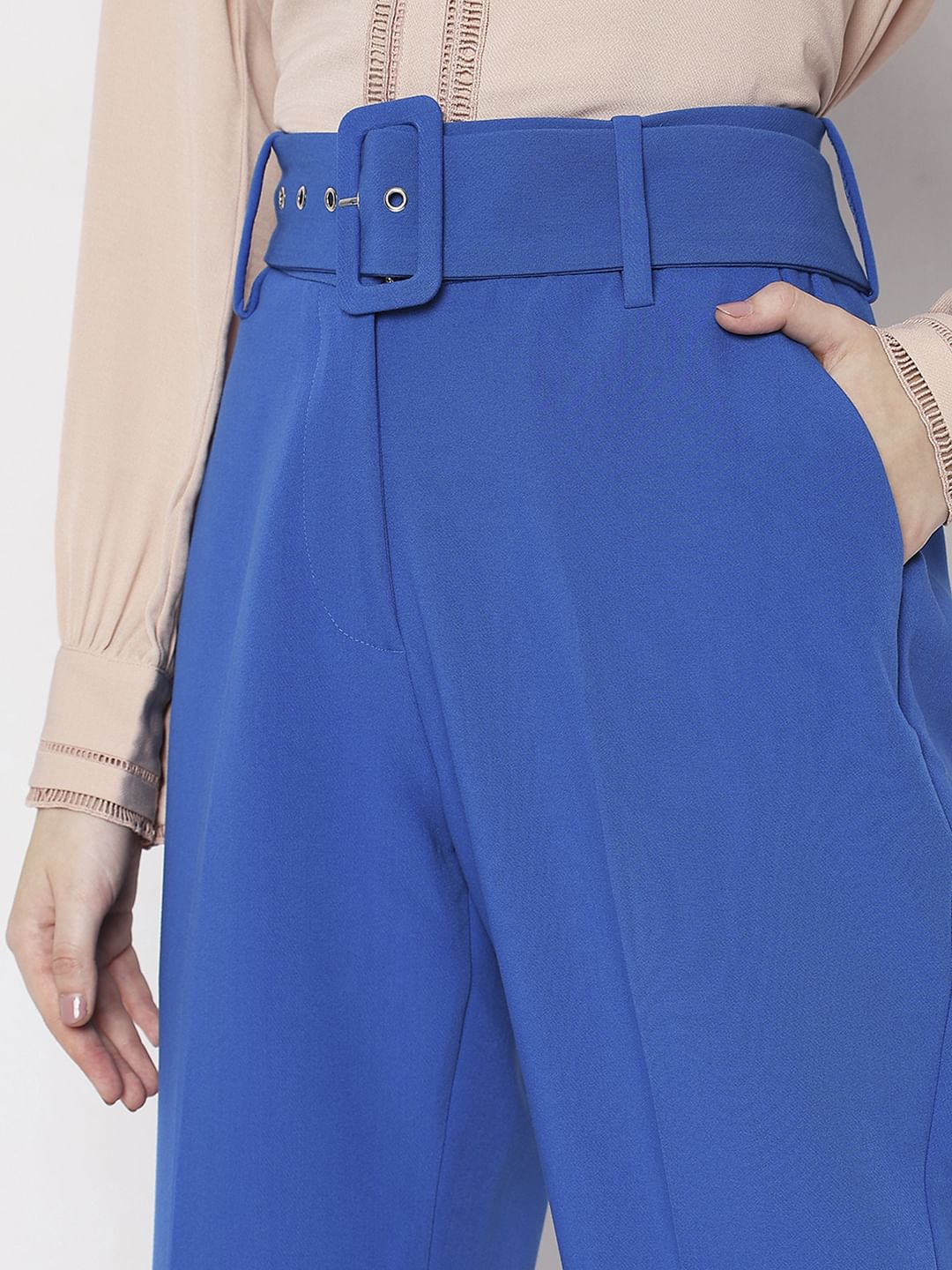 Blue High Rise Belted Pants