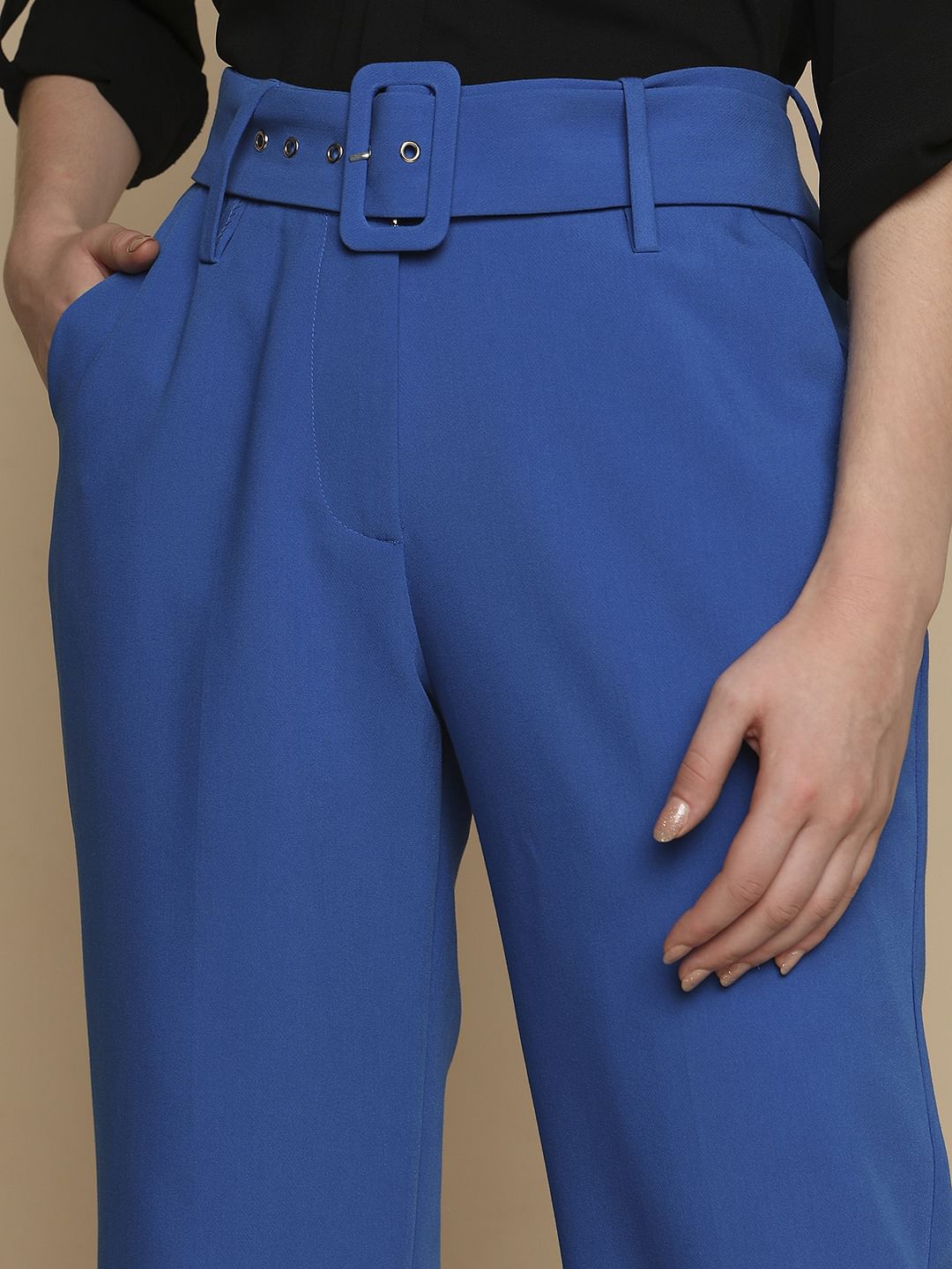 Blue High Rise Belted Pants