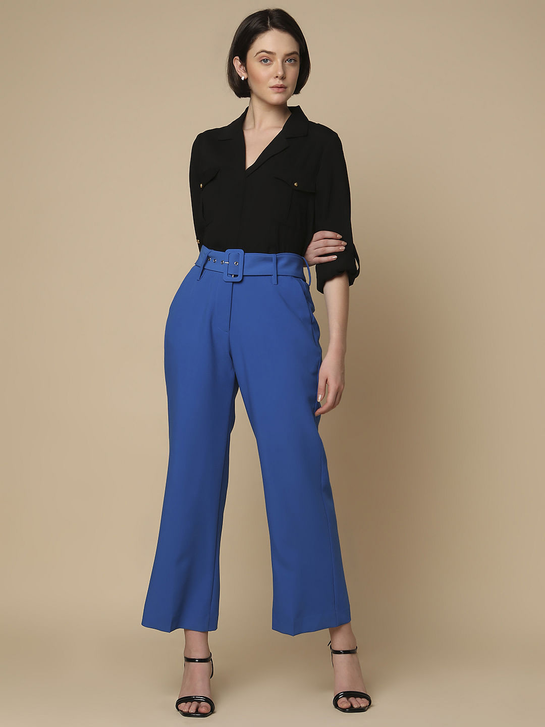Blue High Rise Belted Pants