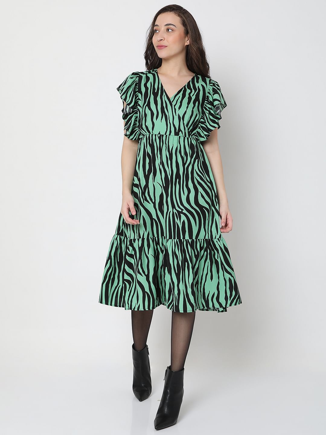 Green Animal Print Midi Dress