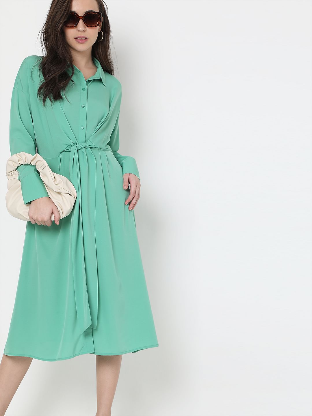 Green Tie-Up Shirt Dress