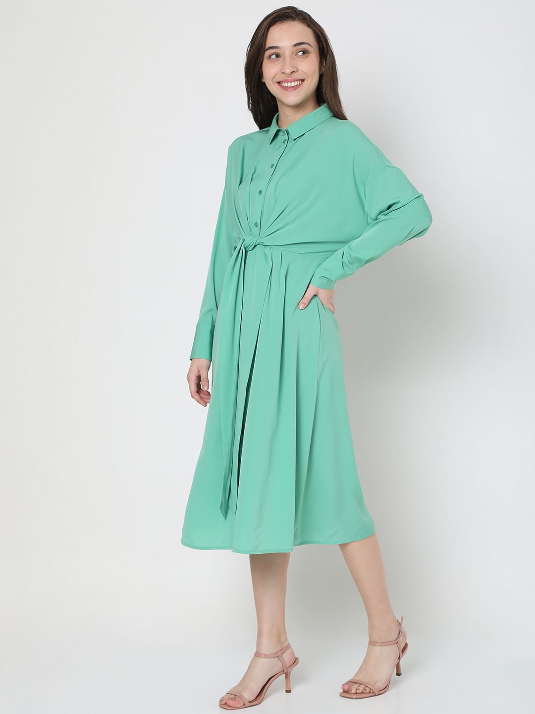 Green Tie-Up Shirt Dress