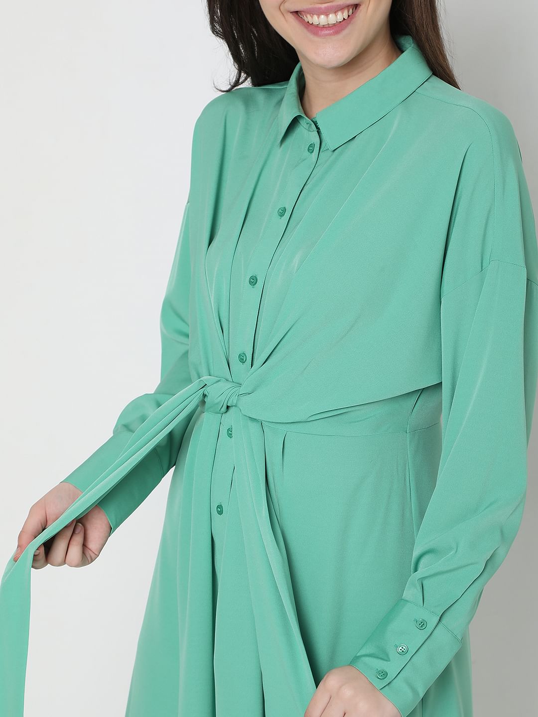 Green Tie-Up Shirt Dress