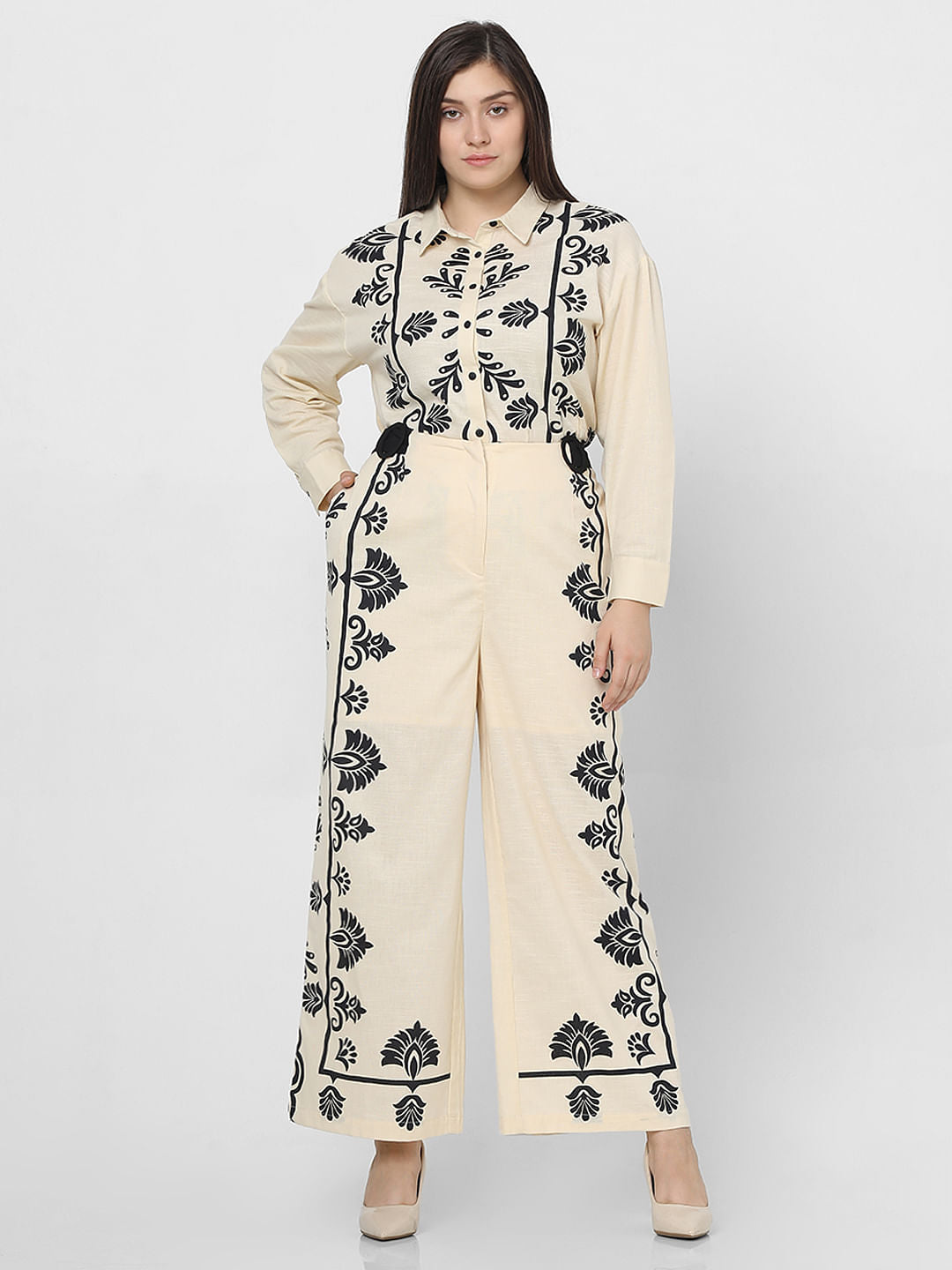 Curve Beige Printed Co-Ord Pants