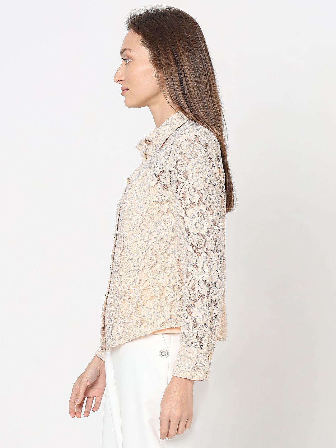 Peach-Pink Floral Lace Shirt