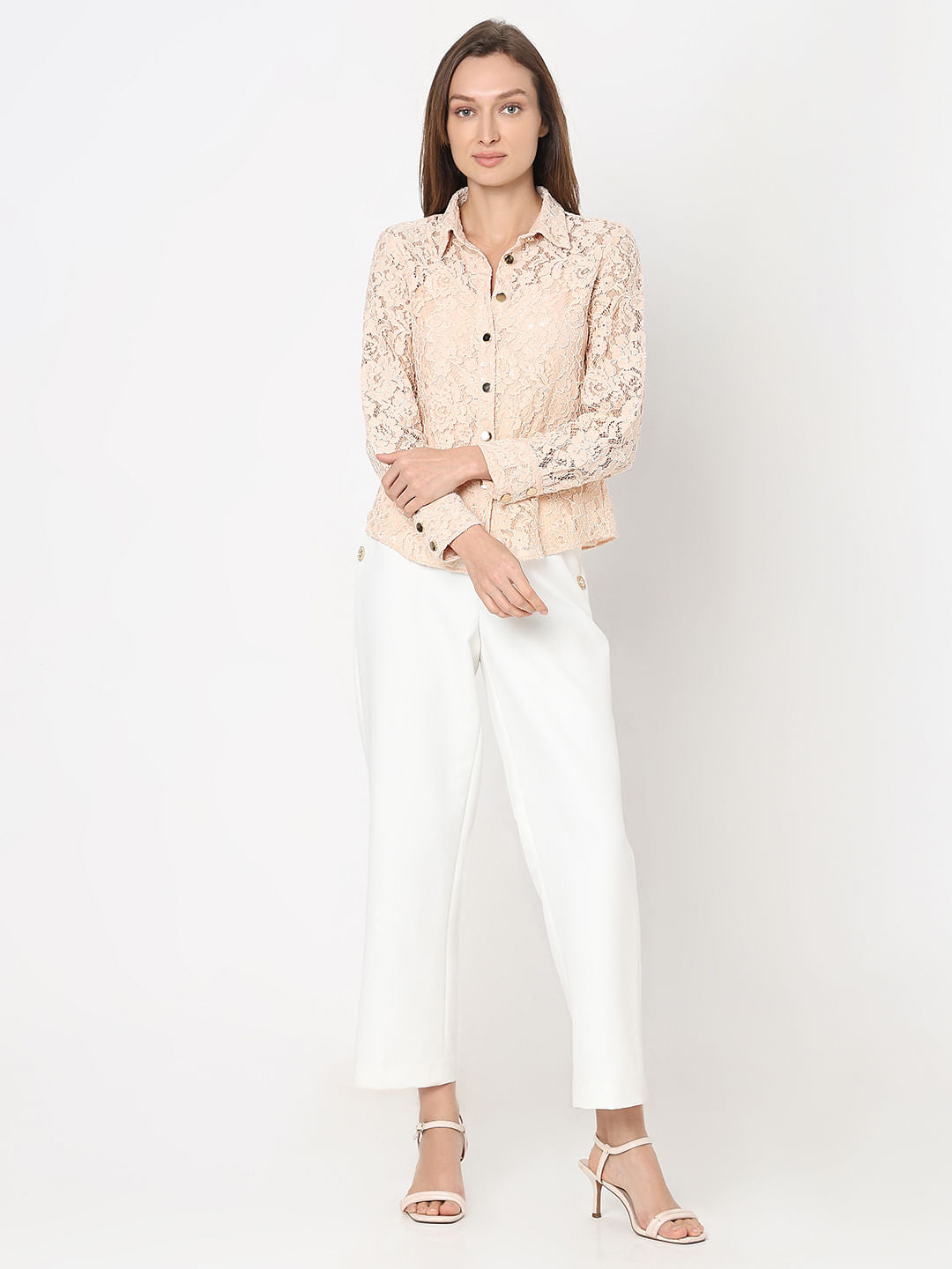 Peach-Pink Floral Lace Shirt