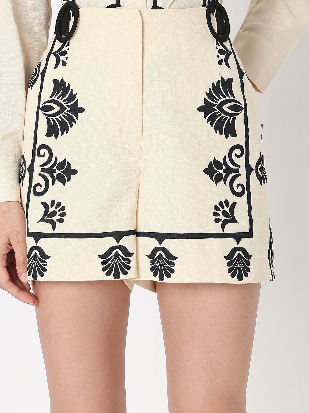 Beige Printed Cotton Co-Ord Set Shorts
