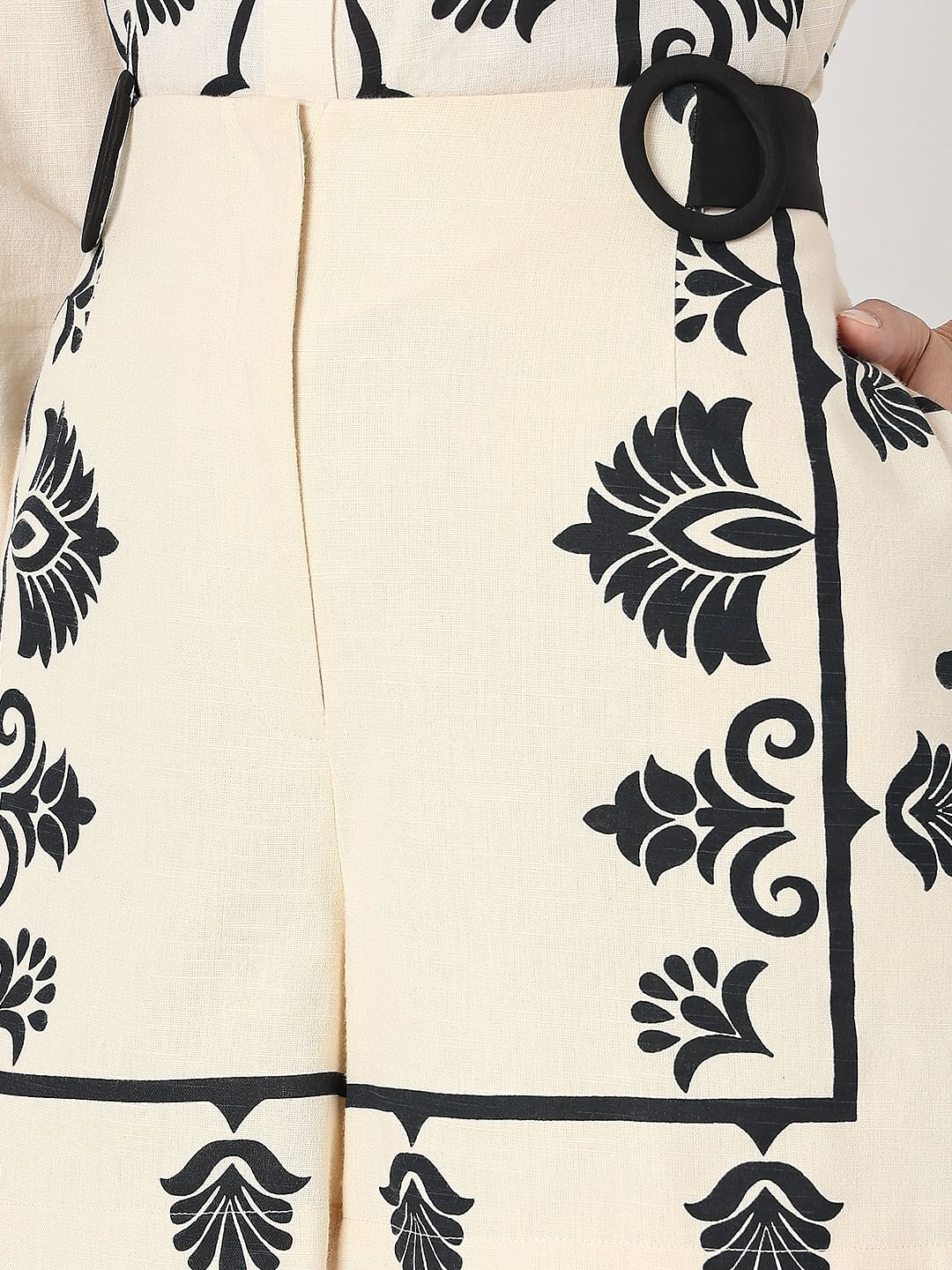 Beige Printed Cotton Co-Ord Set Shorts