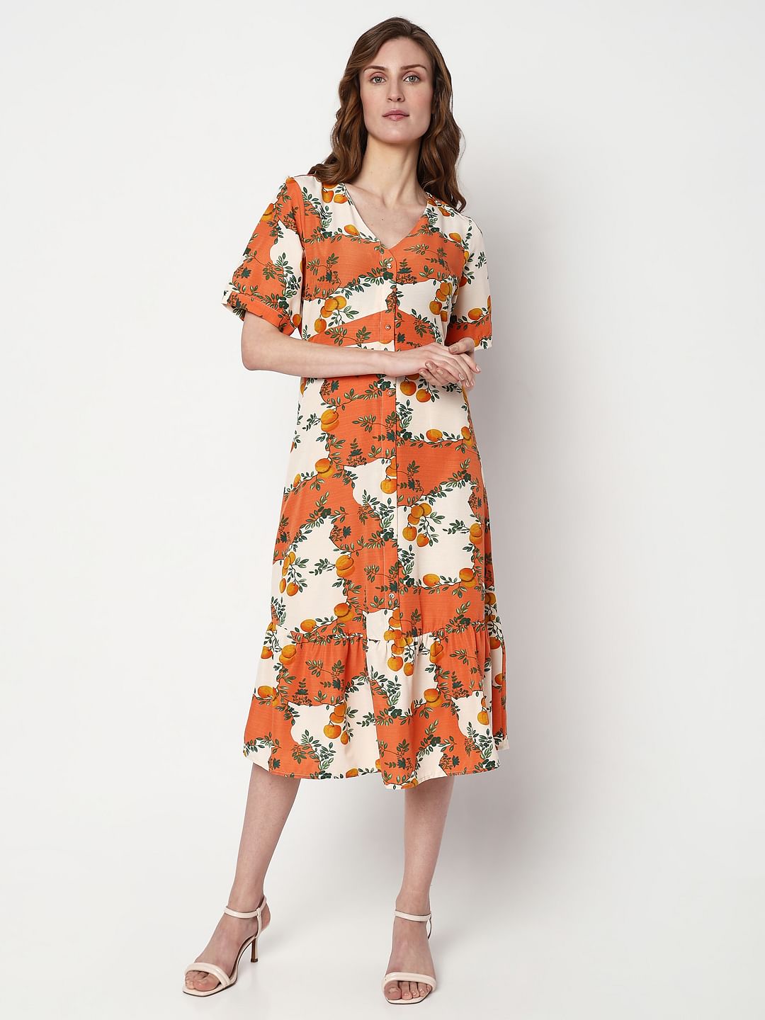 Orange Printed Fit & Flare Dress