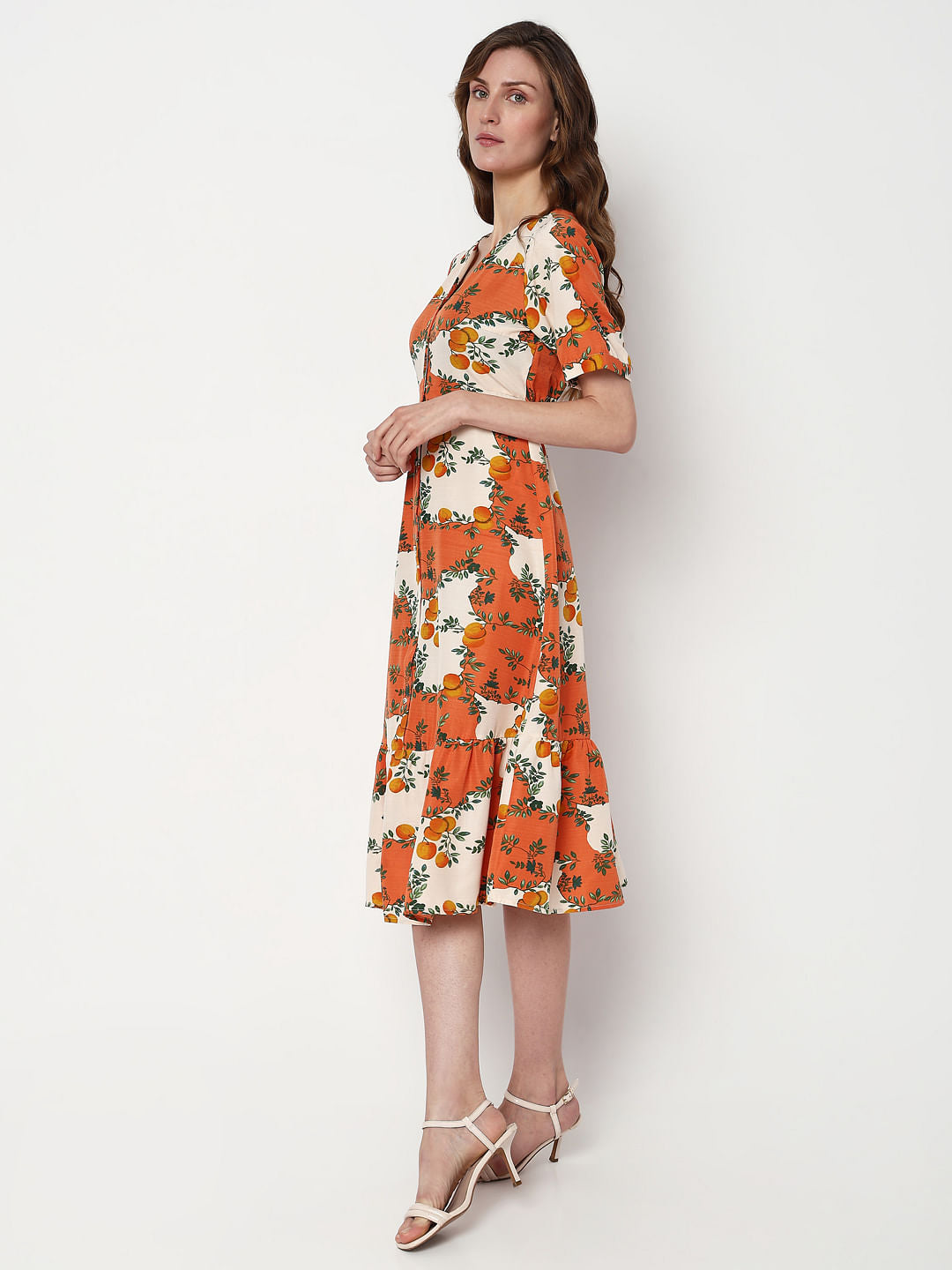 Orange Printed Fit & Flare Dress