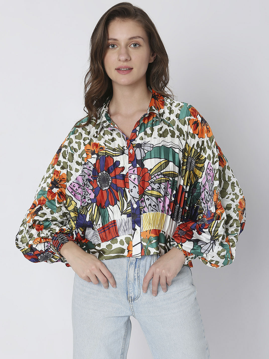 Green Abstract Print Pleated Shirt