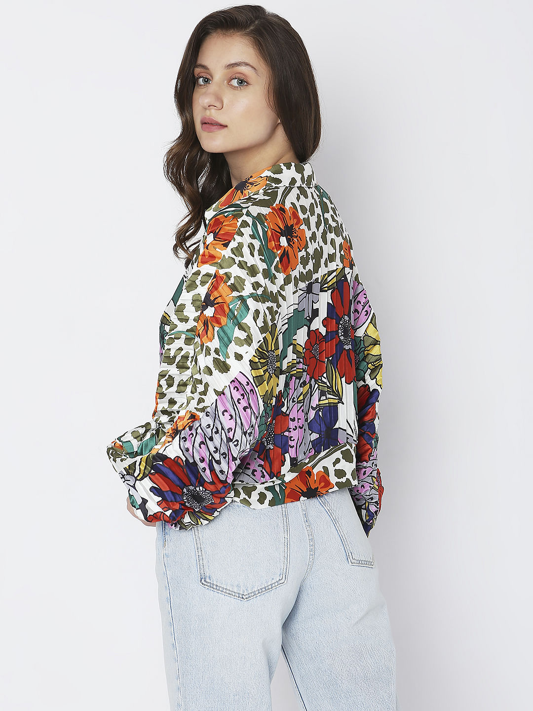 Green Abstract Print Pleated Shirt