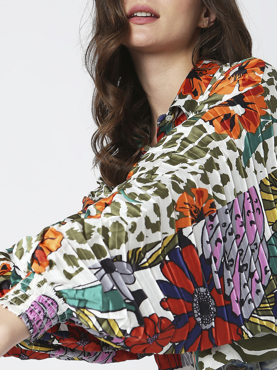 Green Abstract Print Pleated Shirt