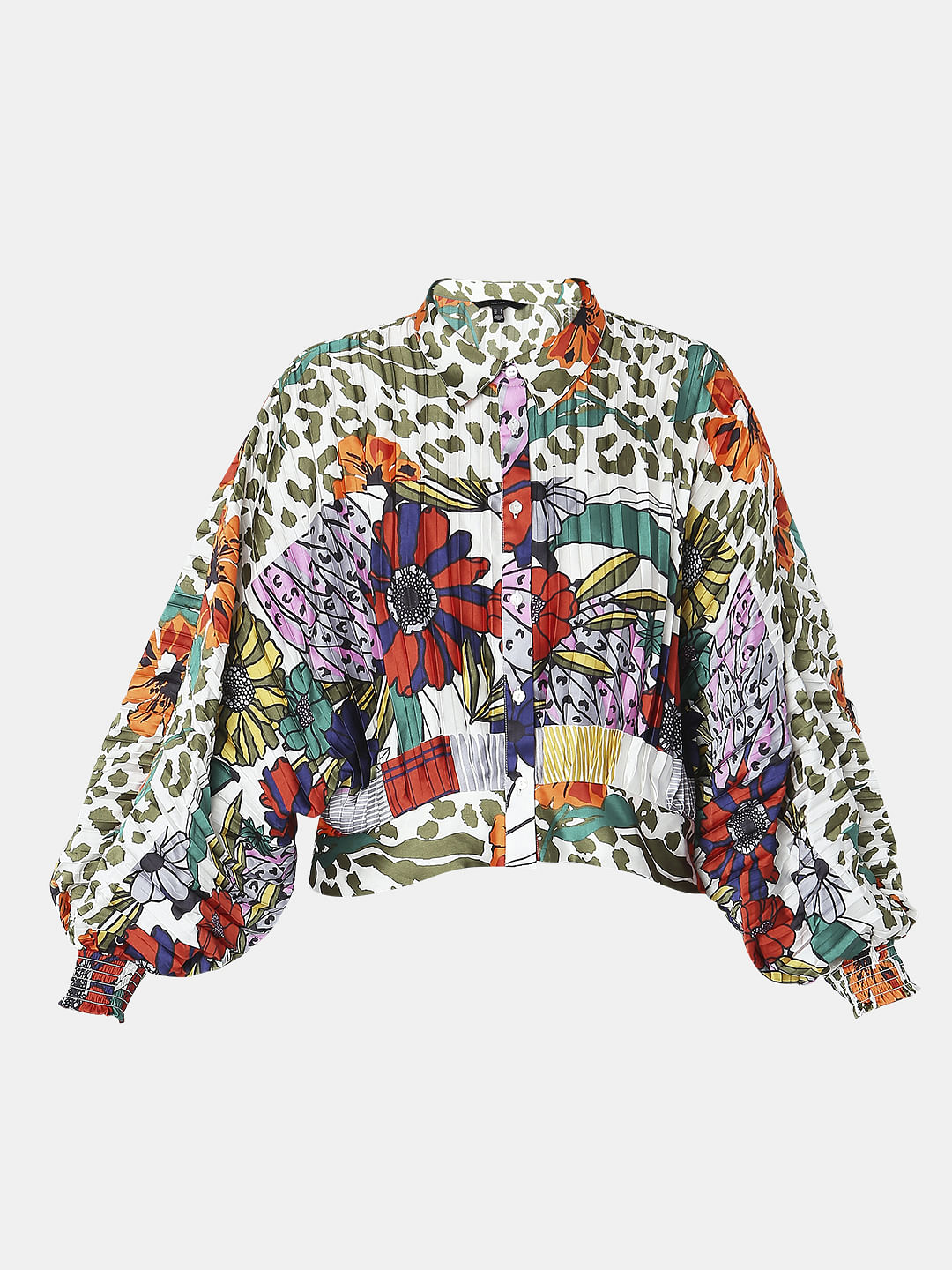 Green Abstract Print Pleated Shirt