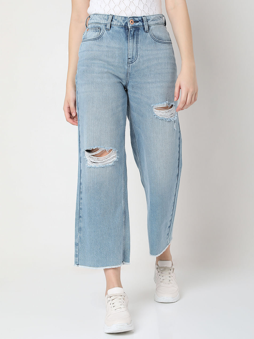 Light Blue Ripped Zoey Wide-Leg Jeans