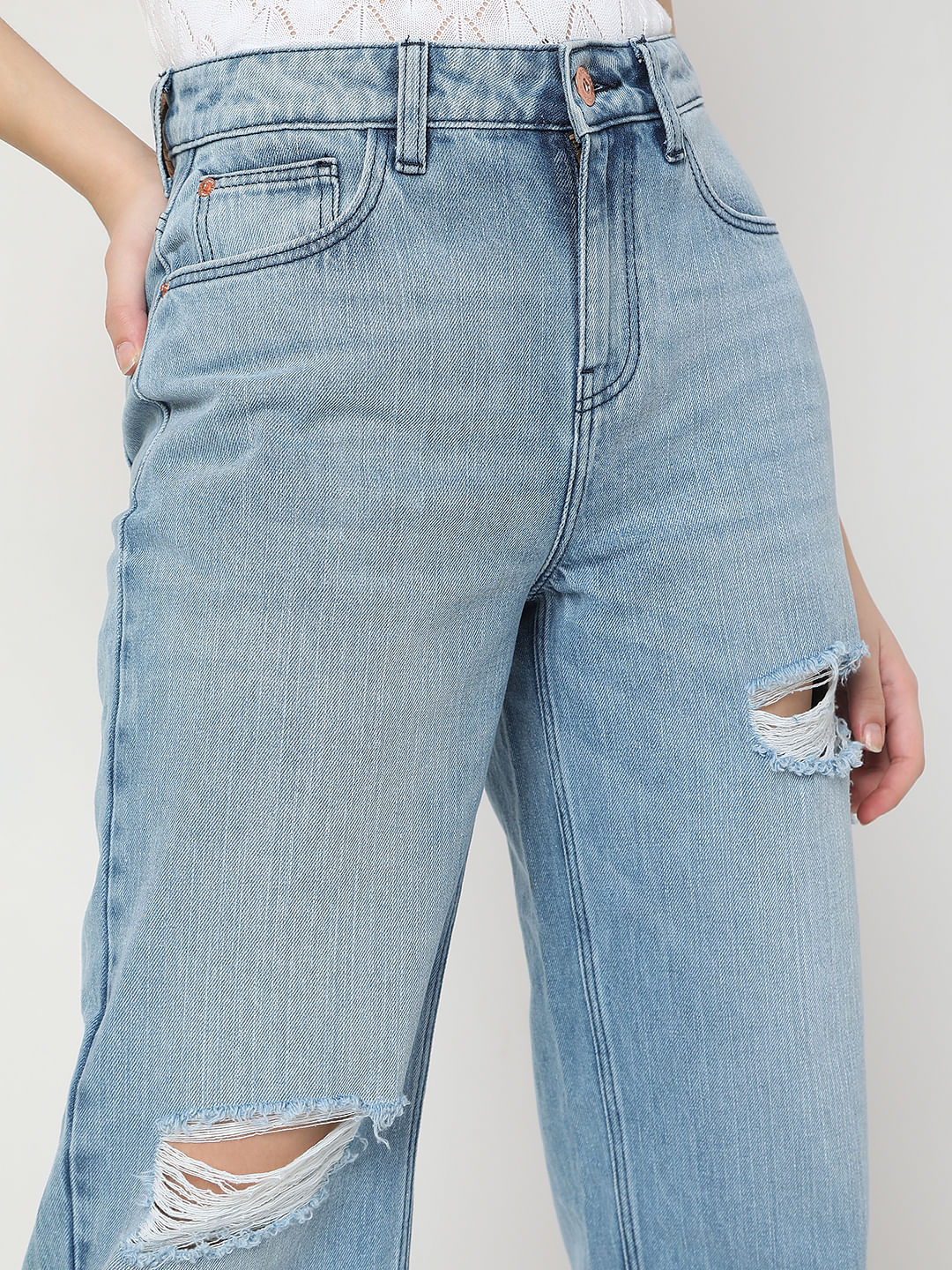 Light Blue Ripped Zoey Wide-Leg Jeans