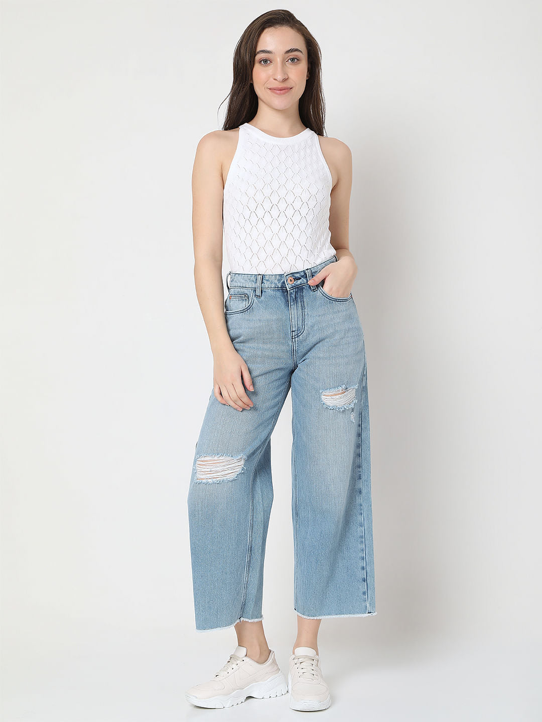 Light Blue Ripped Zoey Wide-Leg Jeans