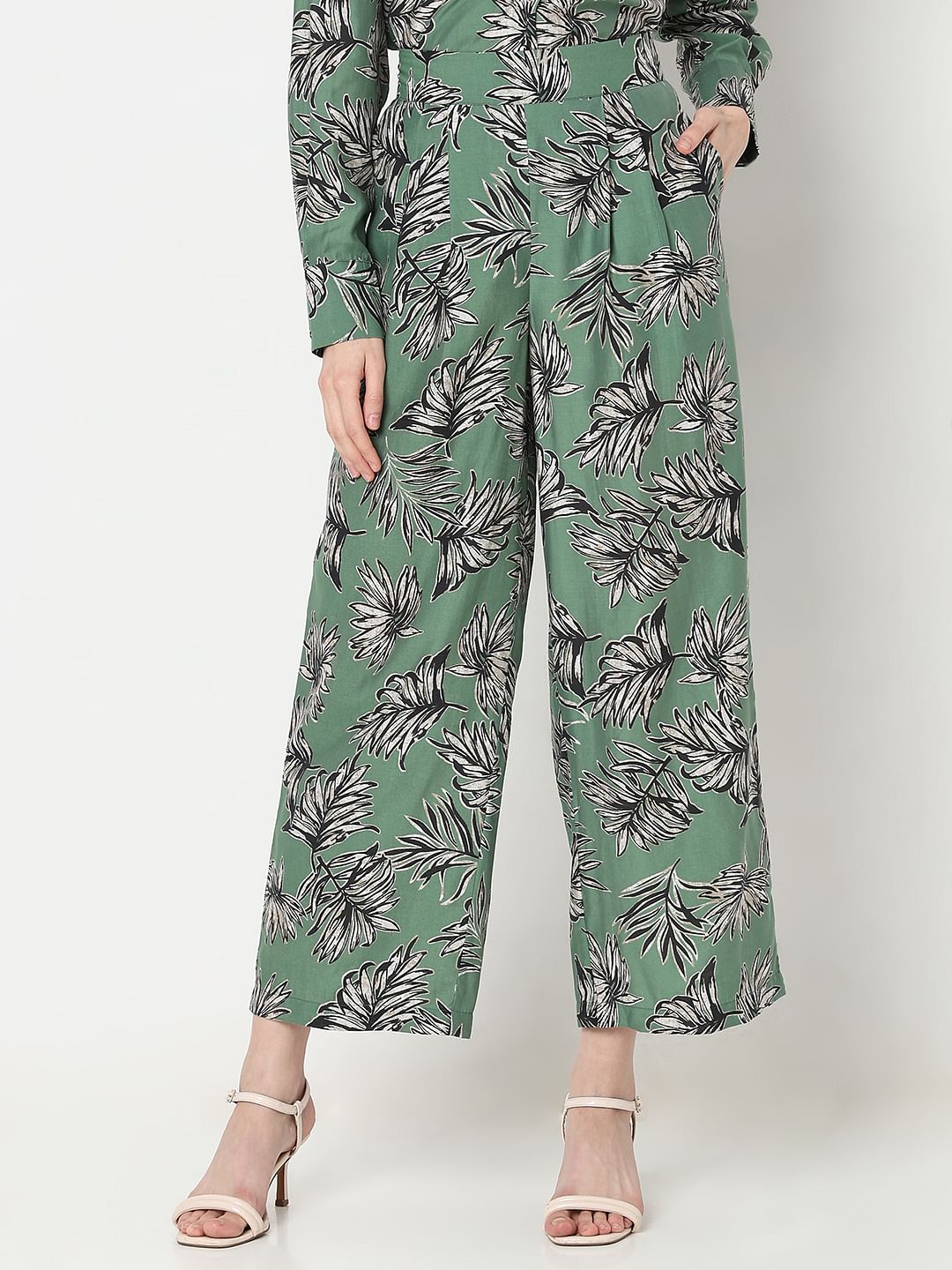Green Leaf Print Co-Ord Set Pants