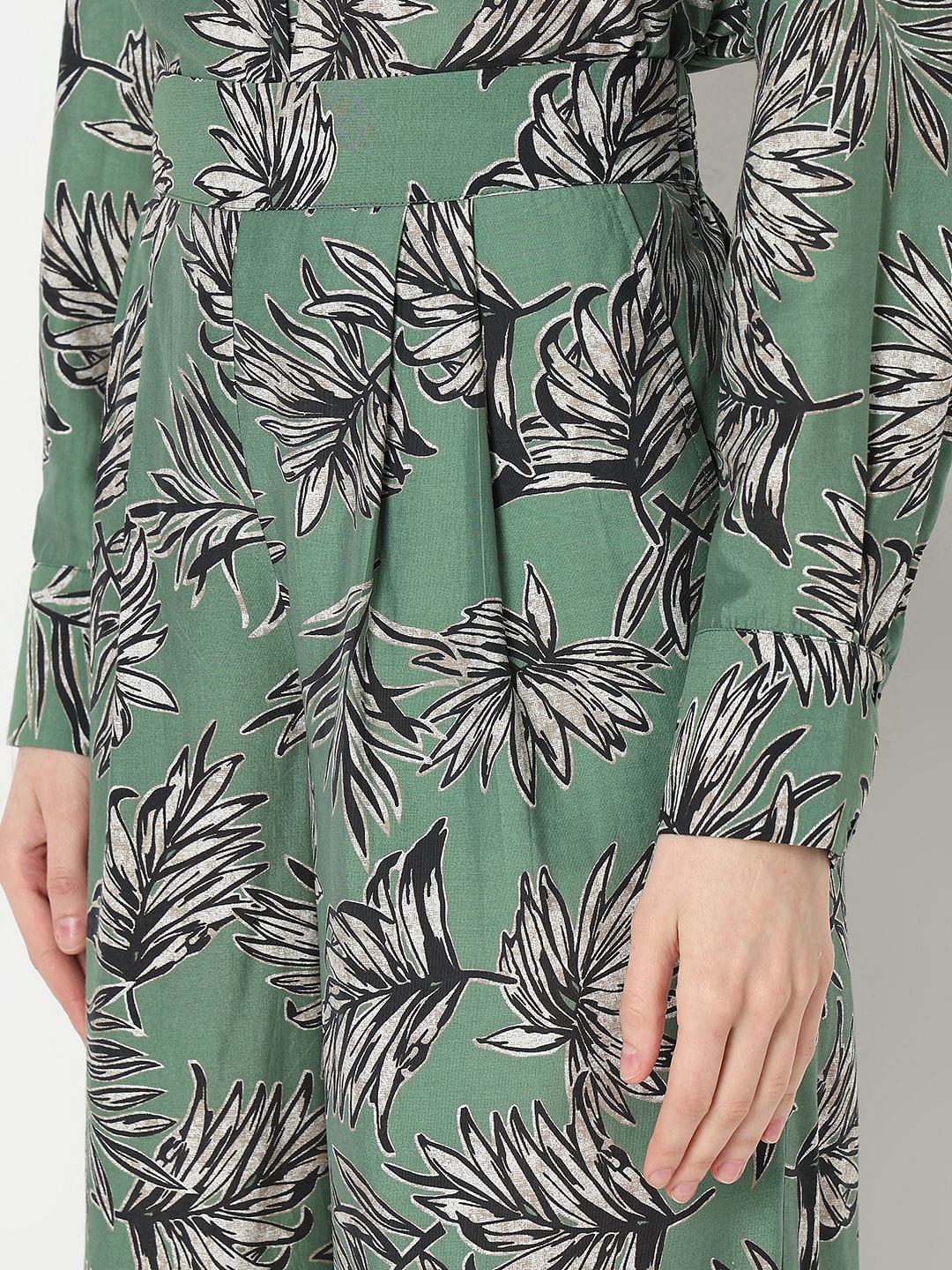 Green Leaf Print Co-Ord Set Pants