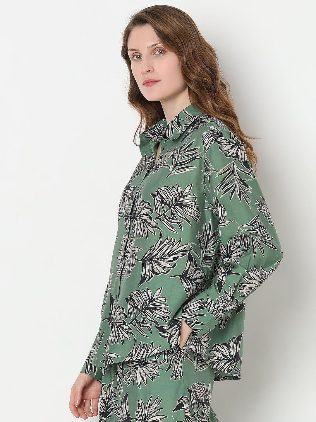 Green Leaf Print Co-Ord Set Shirt