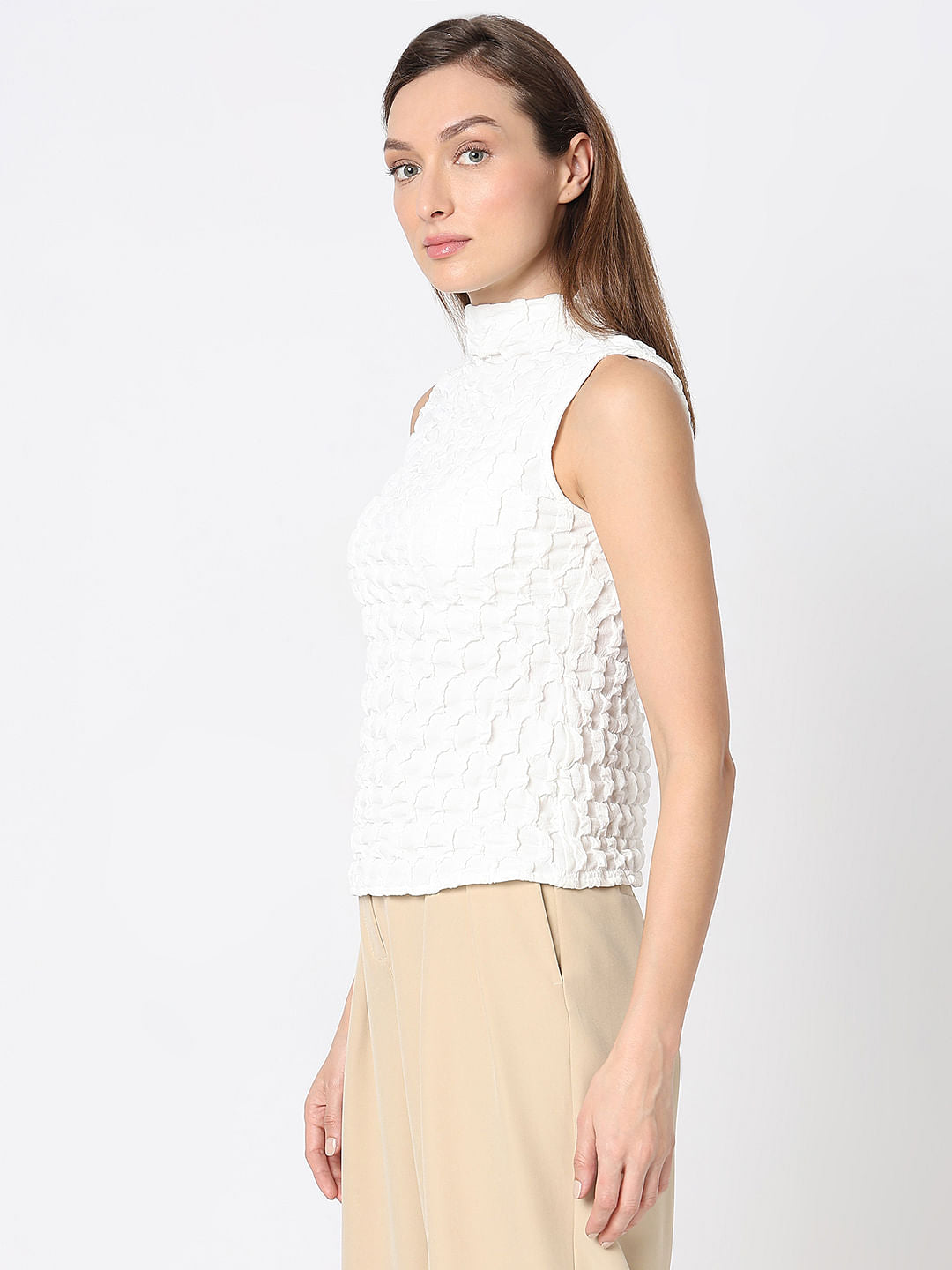White High Neck Textured Top