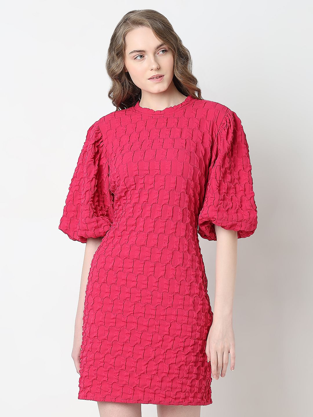 Pink Textured Puff Sleeves Dress