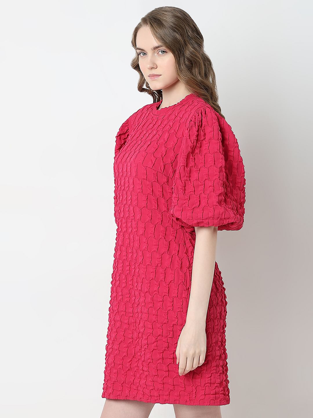 Pink Textured Puff Sleeves Dress