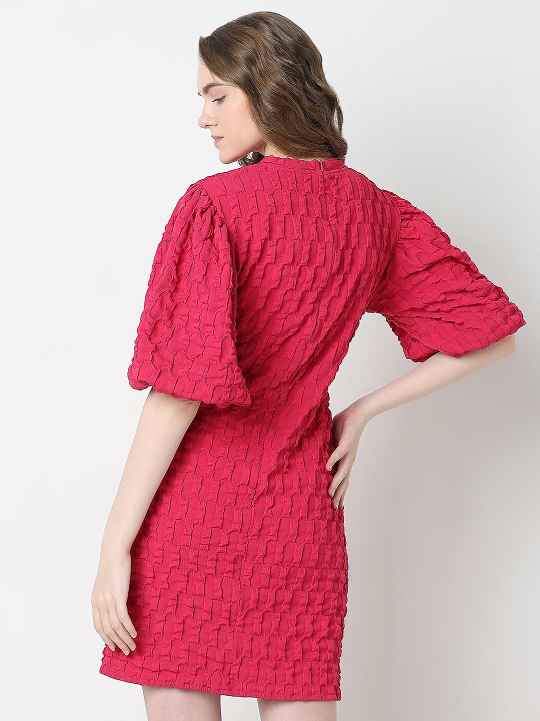 Pink Textured Puff Sleeves Dress