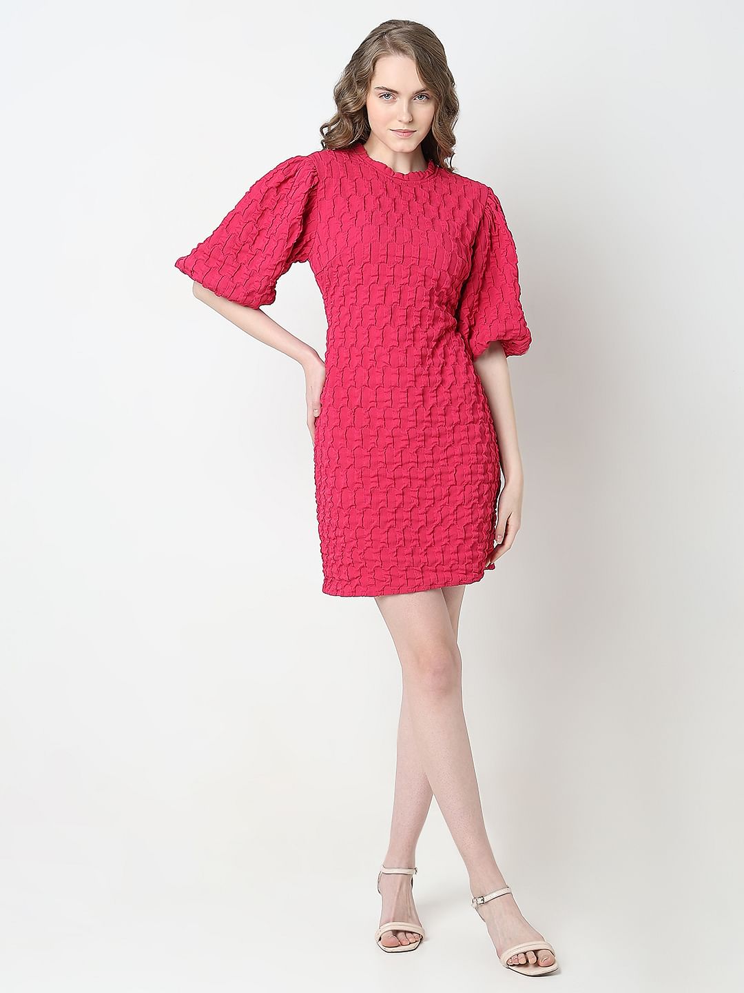 Pink Textured Puff Sleeves Dress