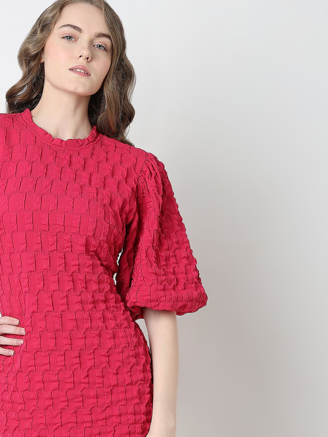 Pink Textured Puff Sleeves Dress
