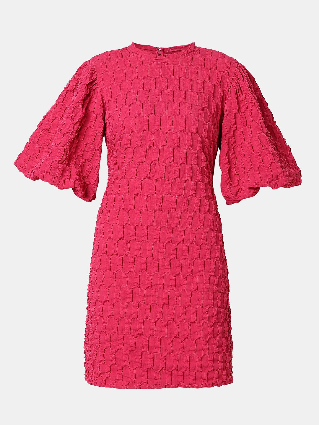Pink Textured Puff Sleeves Dress