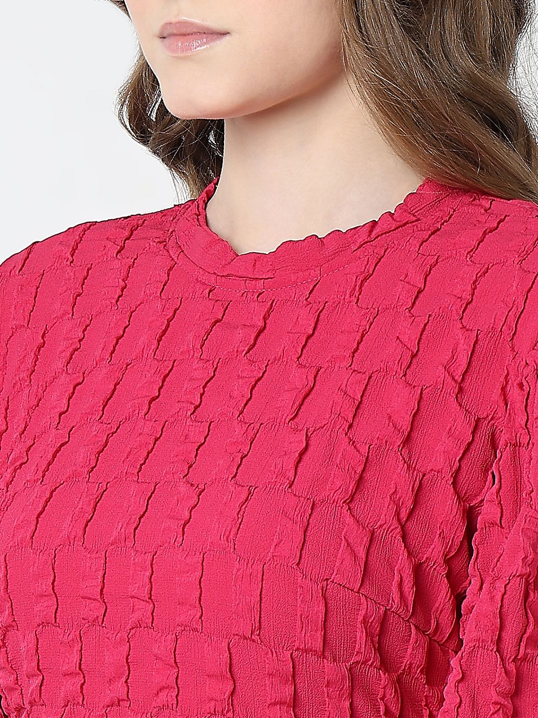 Pink Textured Puff Sleeves Dress