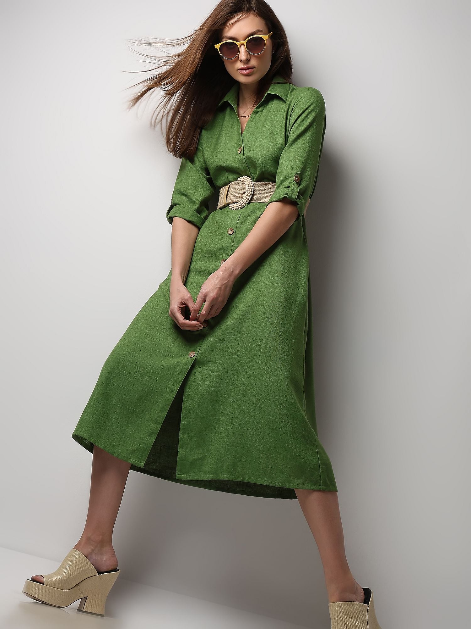 slim fit dress slacks Green Linen Midi Dress – Vintage Belted Summer Shirt Dress Green / Xs main image 1