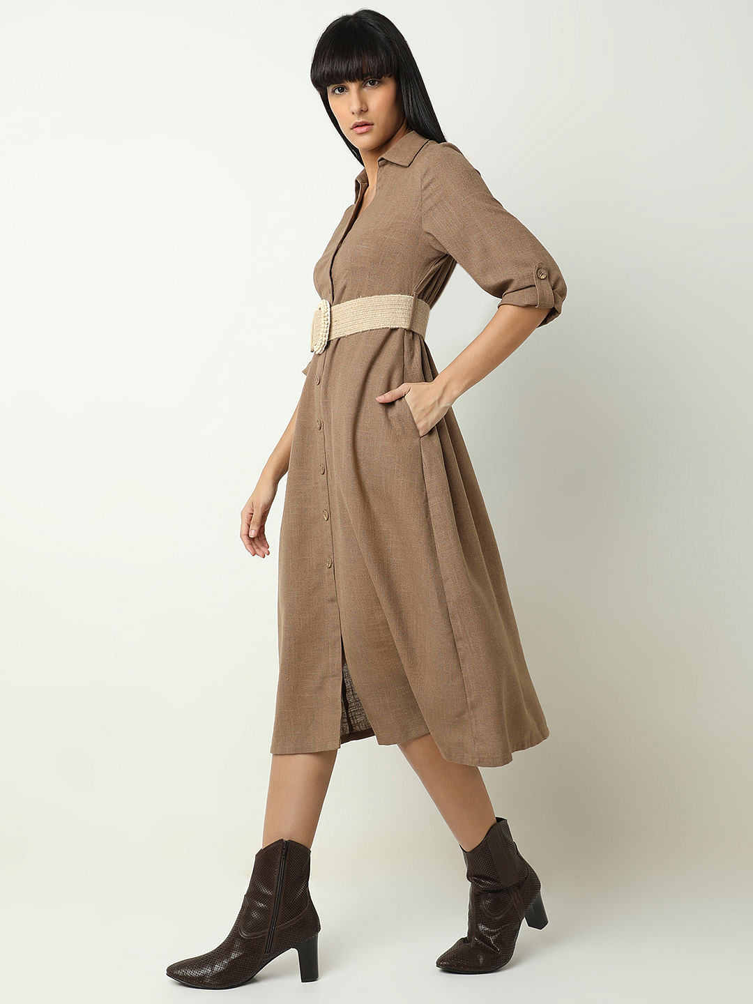 Brown Midi Shirt Dress