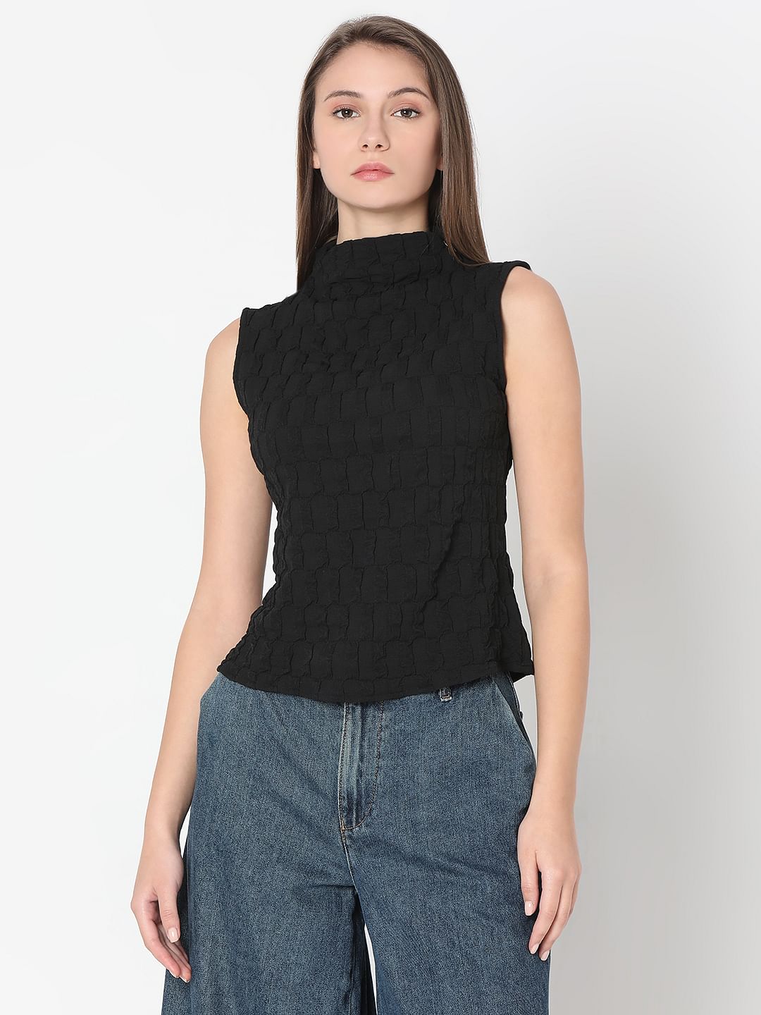 Black Textured High Neck Top