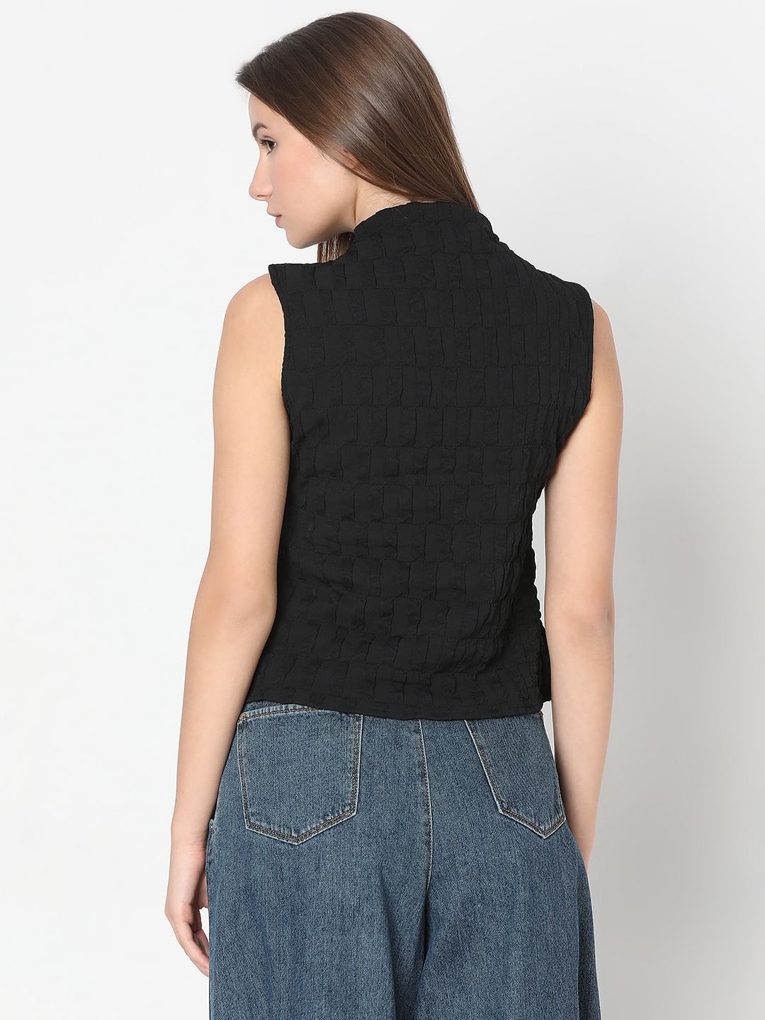 Black Textured High Neck Top