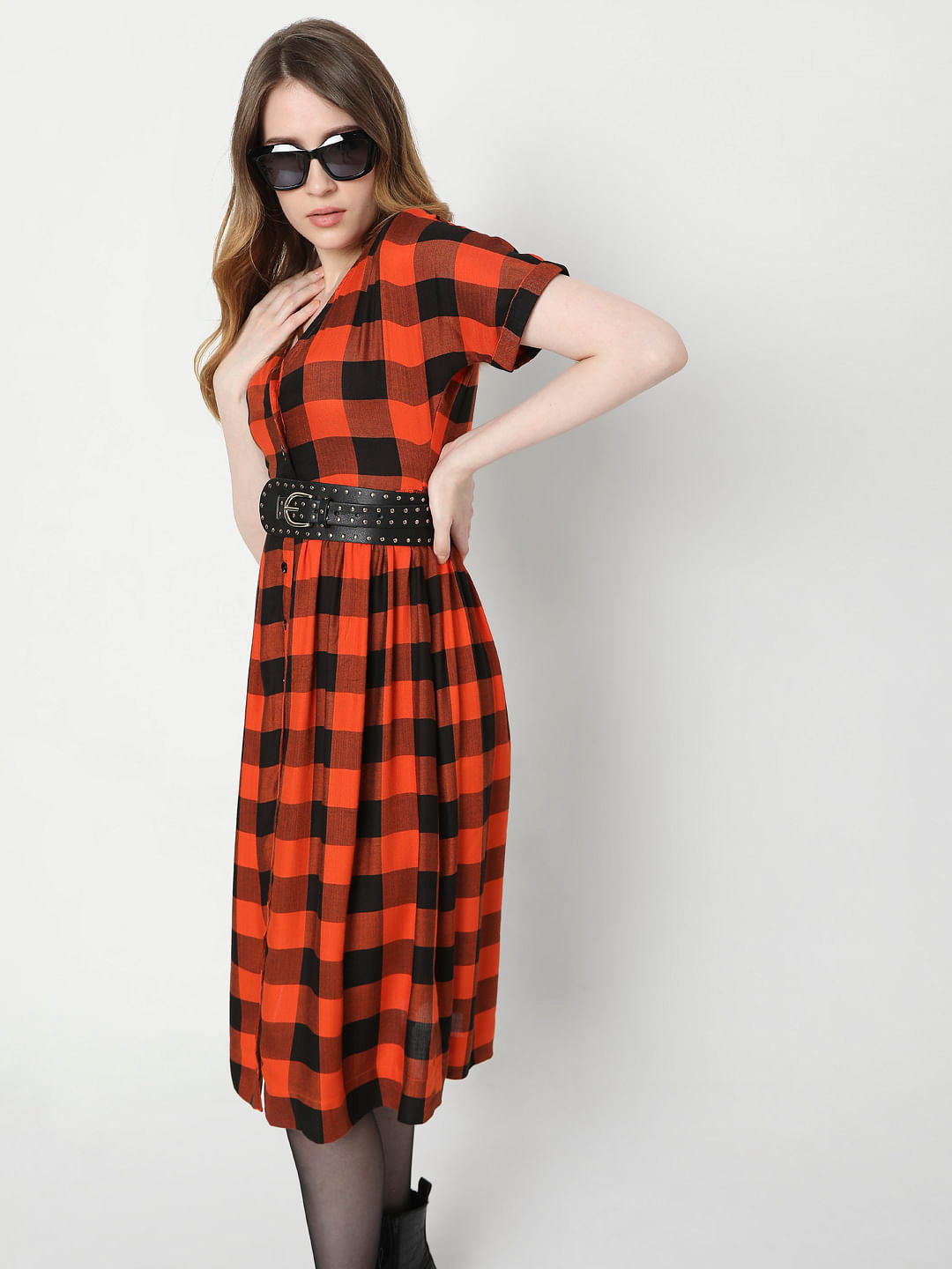 Orange Checks Midi Dress