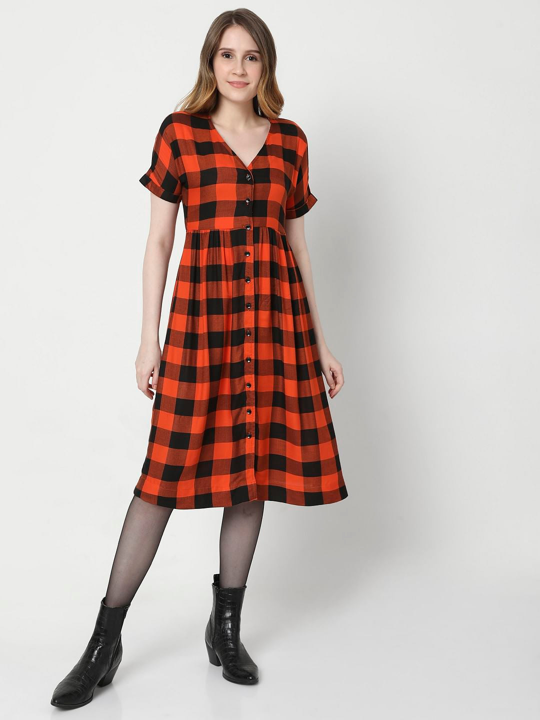 Orange Checks Midi Dress