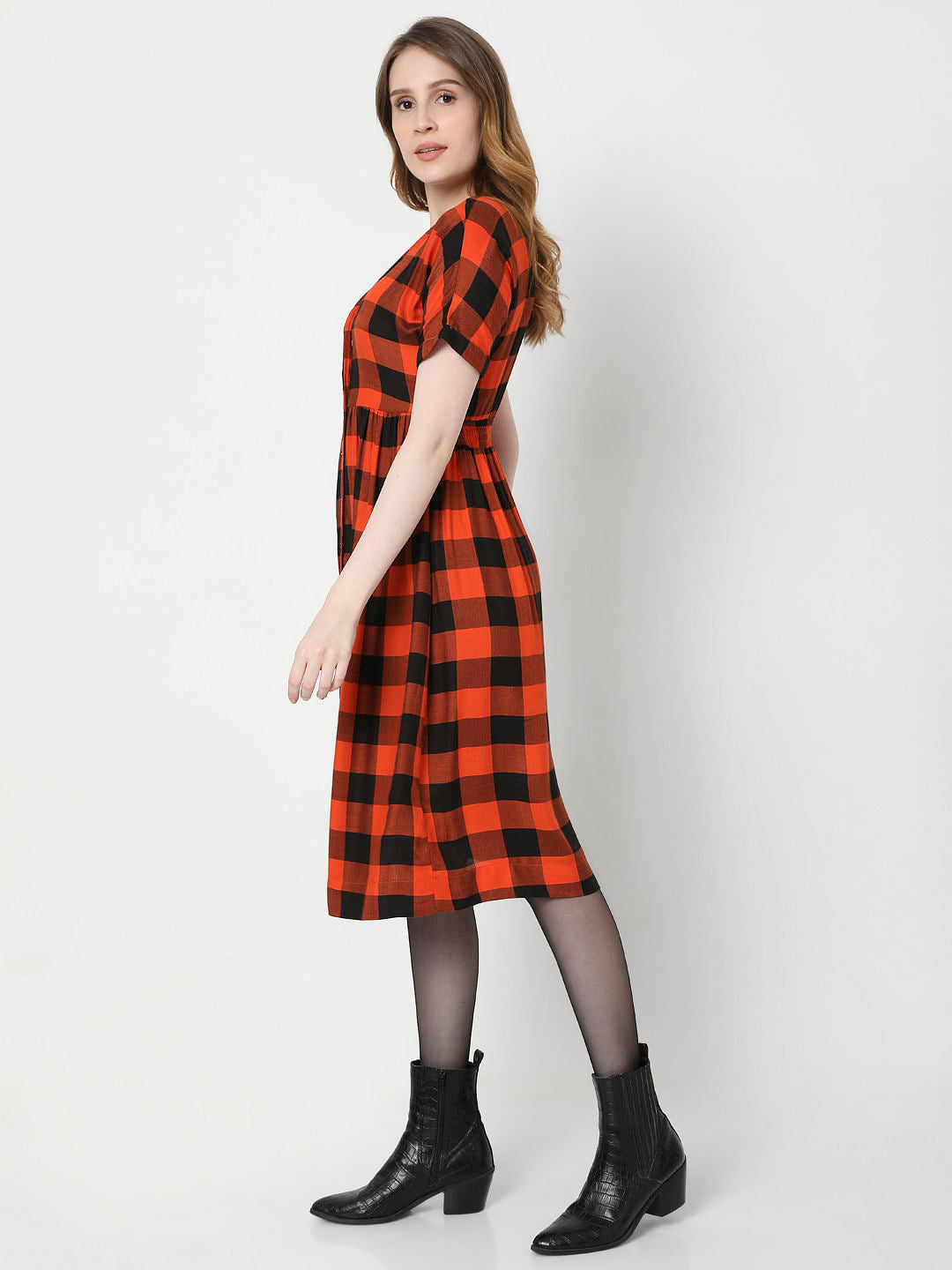 Orange Checks Midi Dress