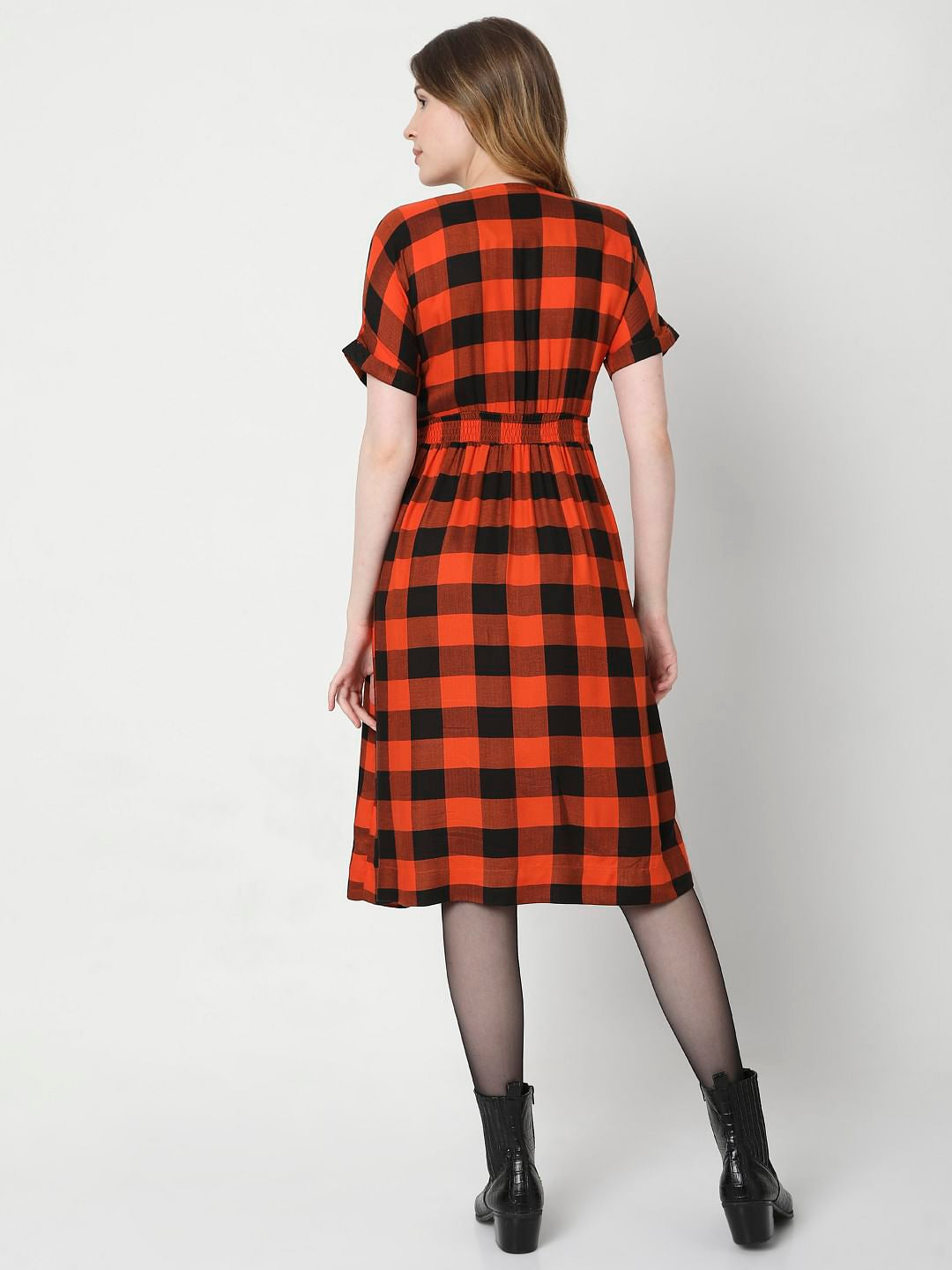 Orange Checks Midi Dress