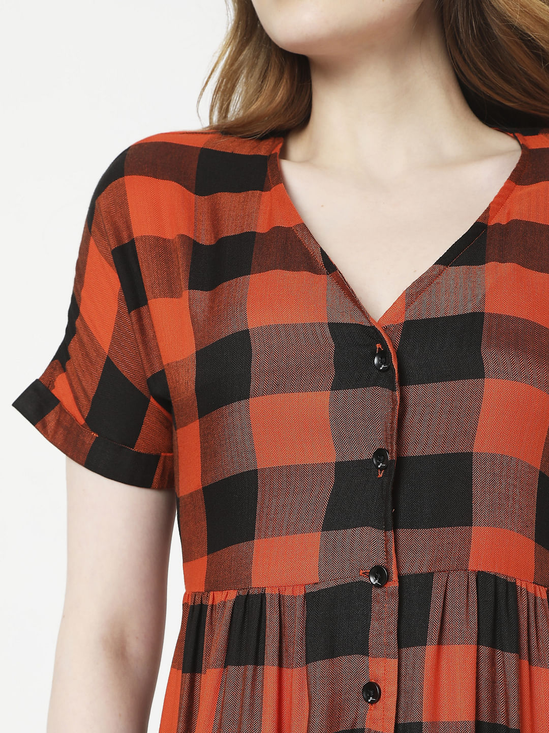 Orange Checks Midi Dress