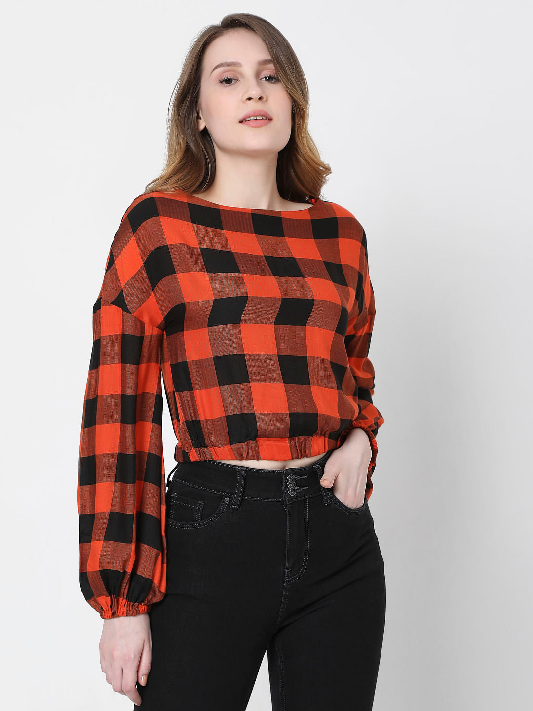 Orange Checks Crop Top